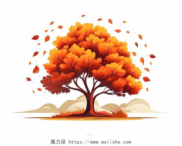 秋天的一棵树卡通AI插画秋叶枫叶立秋